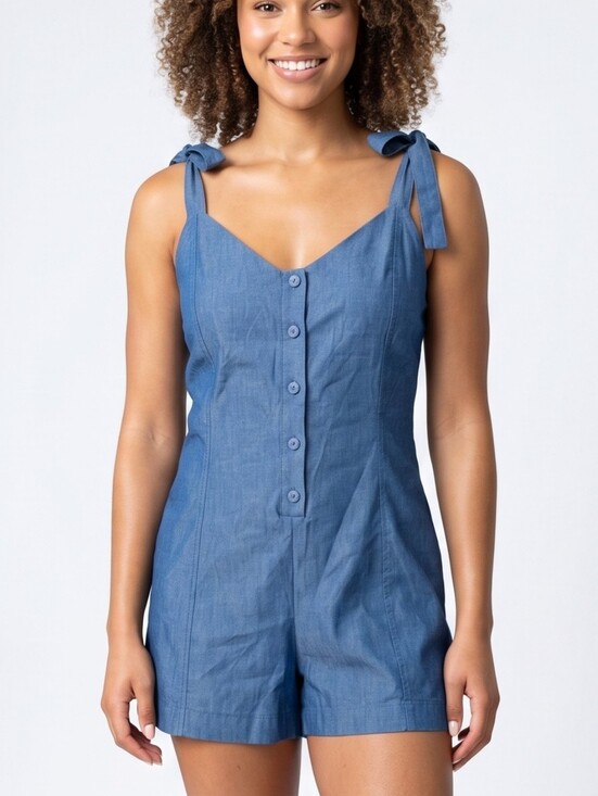 Other - Zara Sleeveless Blue Tie-Shoulder Button Romper Sz XL
